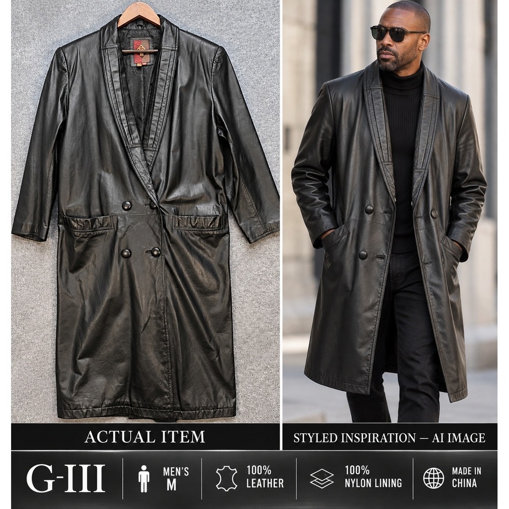 G-III Leather Trench Coat Mens Duster Black M Excellent Vintage Matrix Goth 80s